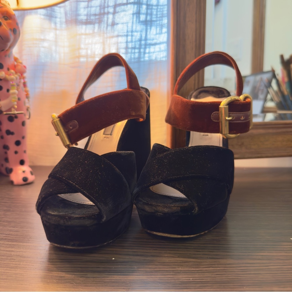 PRADA Colorblock Velvet Platform Peep Toe Heel Sandal Black Tobacco Chunky Used